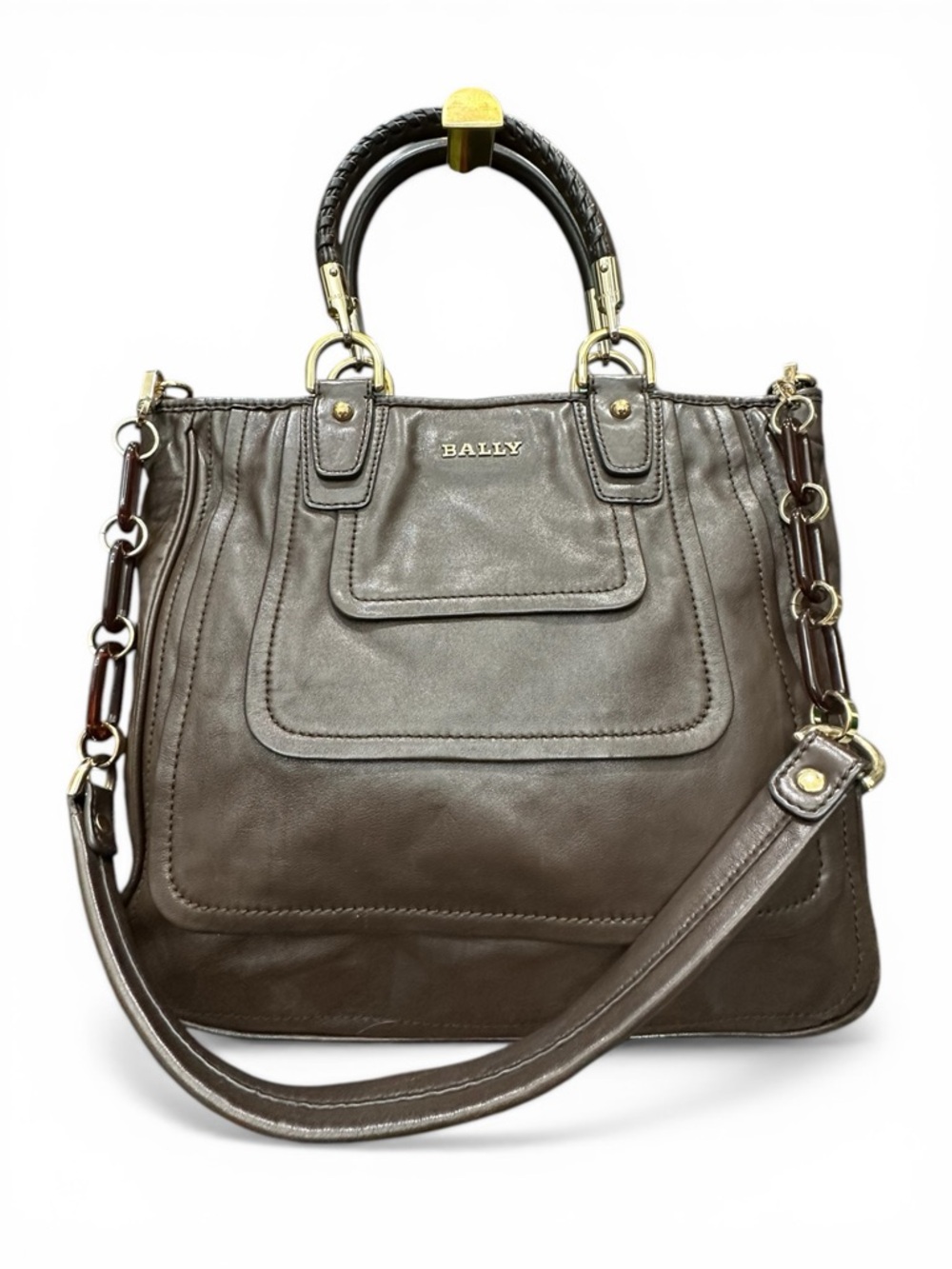 Bally Jura Swiss Made Leather Tote Brown Chain Detail Satchel Structured  Bag